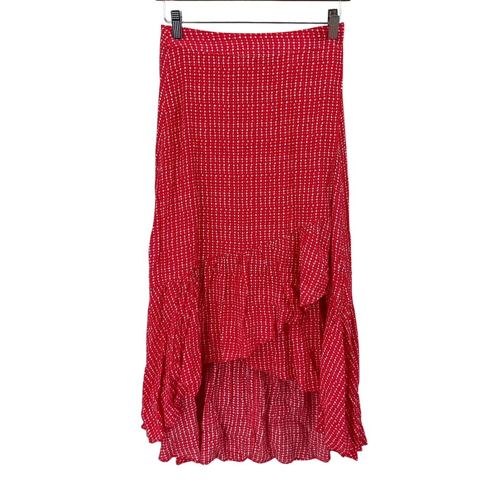 Gap Wrap Skirt Womens S Red Geometric Ruffle Asymmetrical Boho Midi Romantic